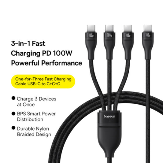 USB-C Opladerkabel - 3 x USB-C Baseus Flash Series III 3in1, 100W, 1.5m, Sort P10377503111-00