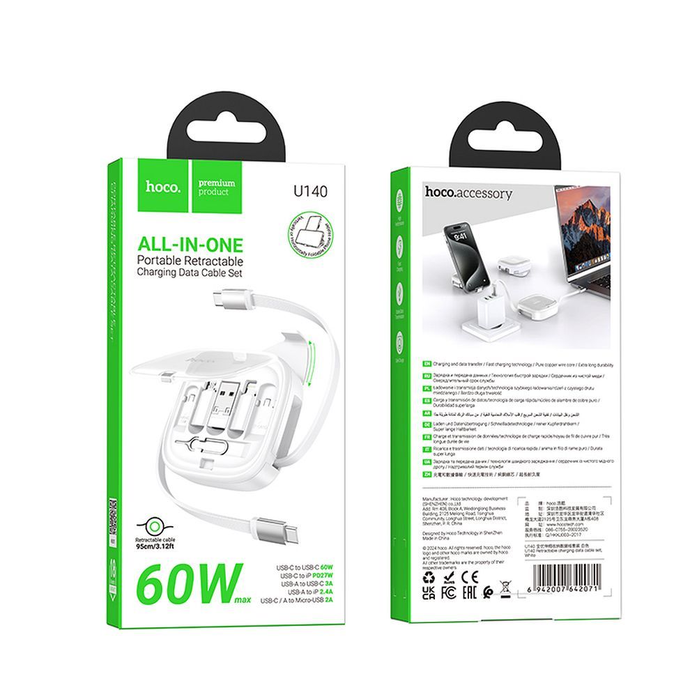 USB-C - USB-C data- og opladningskabel HOCO U140, 60W, 0,95m, Hvid