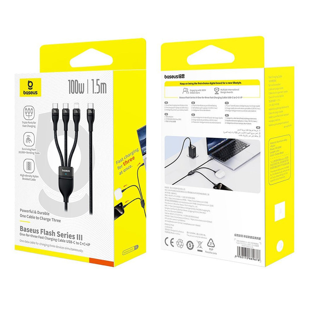USB-C - Lightning opladerkabel / 2 x USB-C Baseus Flash Series III 3in1, 100W, 1.5m, Sort P10377502111-00
