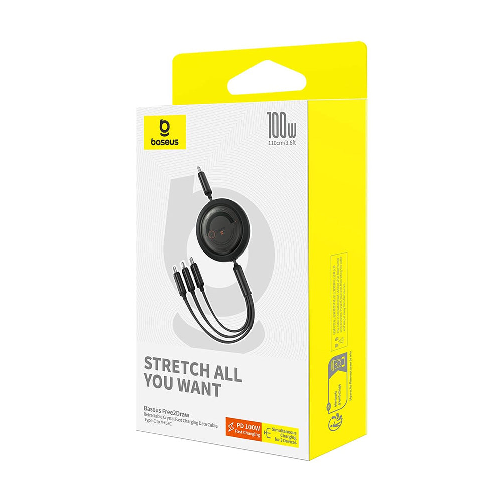 USB-C - Lightning / microUSB / USB-C Baseus Free2Draw Retractable opladerkabel, 100W, 1.1m, Sort P10368700111-04