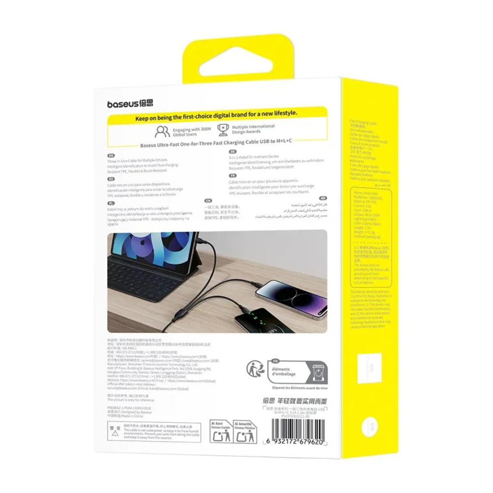 USB-C - Lightning / microUSB / USB-C Baseus Ultra Fast 3in1 opladerkabel, 20W, 0.8m, Sort P10377501111-00