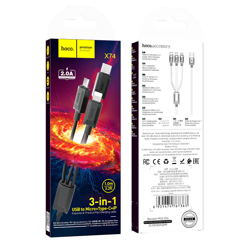 Opladerkabel USB-A - Lightning / microUSB / USB-C HOCO X74 3in1, 18W, 1m, Sort