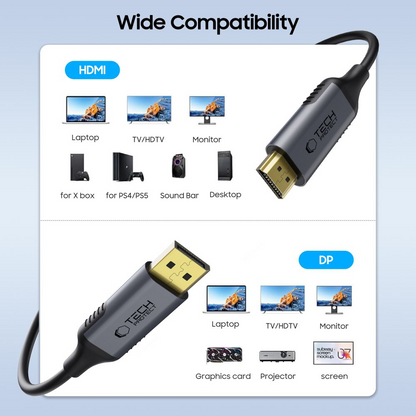 Tech-Protect Ultraboost Video Kabel, DisplayPort - HDMI, 4K, 2m, Sort