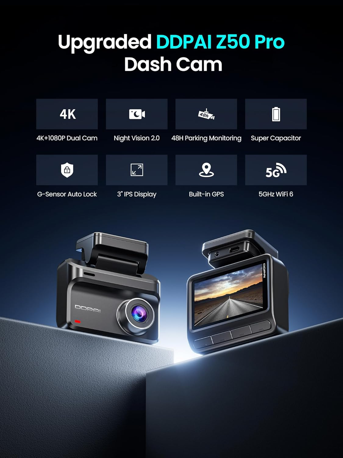 Bil Kamera Foran Bag DDPAI Z50 Pro Dual, 4K, Wi-Fi, GPS, Display 3 tommer