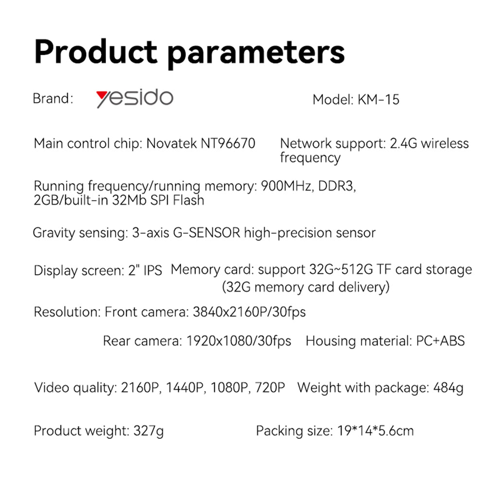Bil Kamera Foran Bag Yesido KM15, 4K, Wi-Fi, 2 tommer skærm