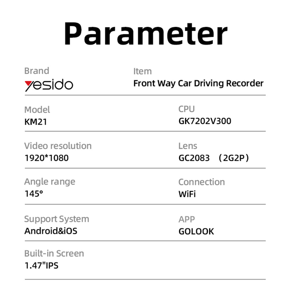 Bil kamera Yesido KM21, 1080P, Wi-Fi, Display 1.47 tommer