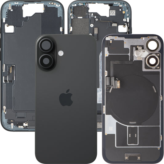 Batteridæksel Apple iPhone 16, Med Midterkabinet, Fulde Dele, Sort, Swap