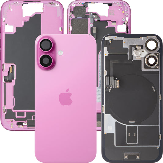 Batteridæksel Apple iPhone 16, med midterkasse, komplette dele, pink, premium swap