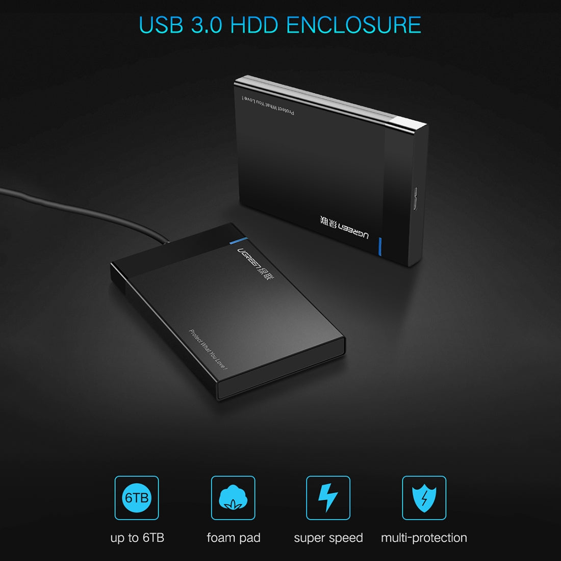 UGREEN US221 rack til HDD / SSD SATA 2,5 tommer, USB 3.0, Sort