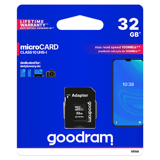 GoodRam microSDHC hukommelseskort, 32GB, Klasse 10 / UHS-1 U1, med adapter