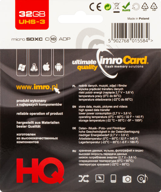 Hukommelseskort microSDHC Imro, 32Gb, Klasse 10 / UHS-1 U3, Med Adapter