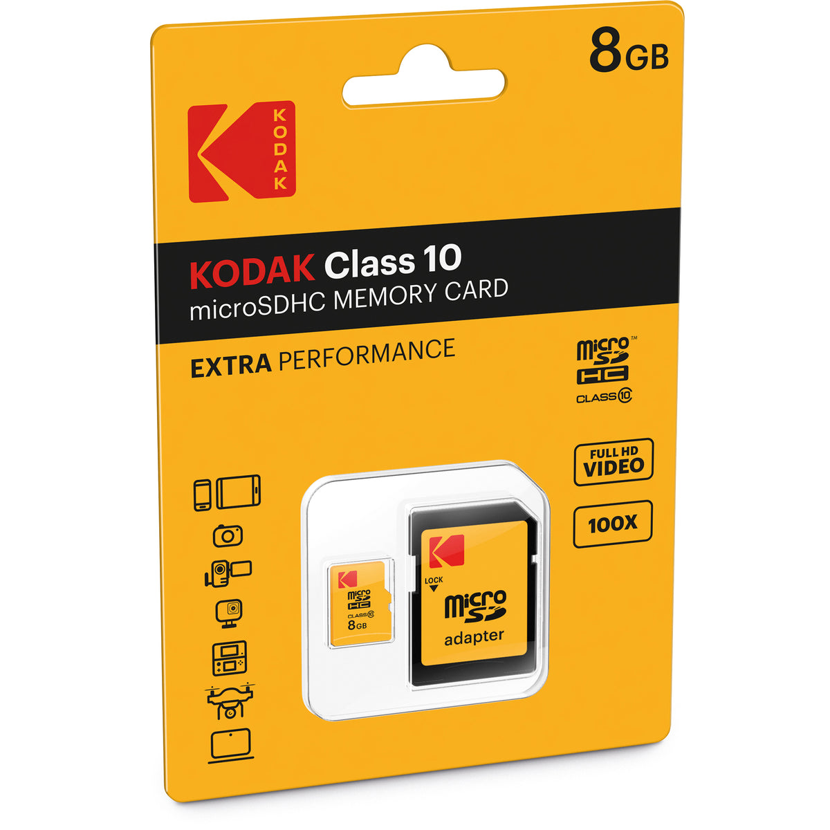 Kodak Extra Performance microSDHC hukommelseskort, 8Gb, Klasse 10, med adapter EKMSDM8GHC10CK