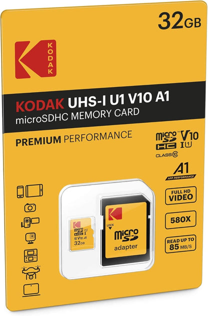 Kodak Premium Performance microSDHC hukommelseskort, 32Gb, Klasse 10 / UHS-1 U1, med adapter EKMSDM32GHC10K
