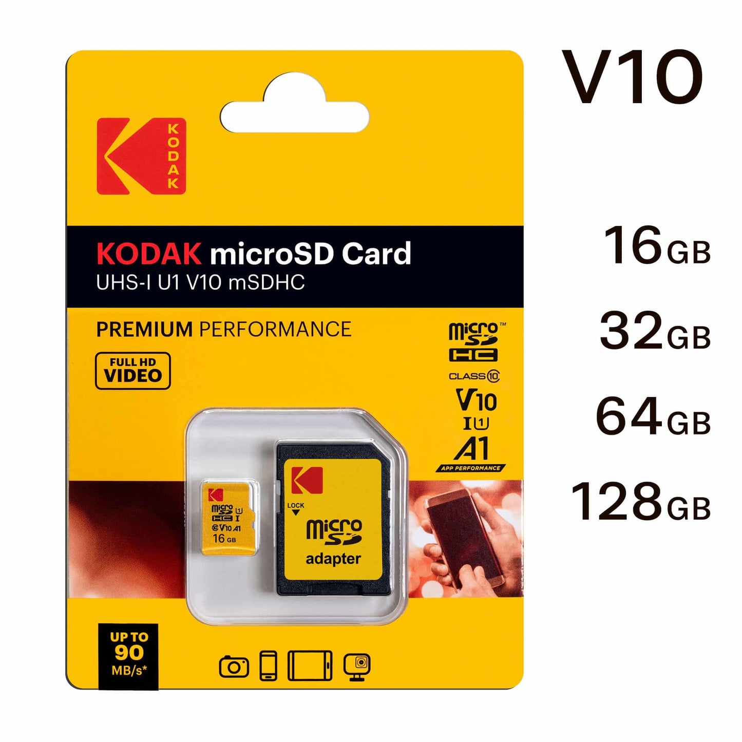 Kodak Premium Performance microSDHC hukommelseskort, 16Gb, Klasse 10 / UHS-1 U1, med adapter EKMSDM16GHC10K