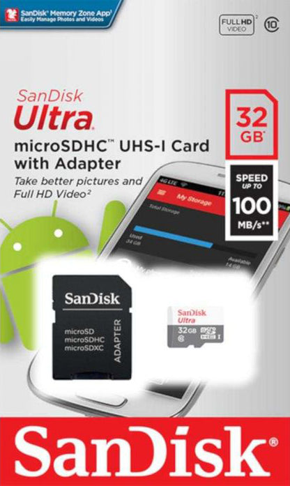 SanDisk Ultra microSDHC hukommelseskort, 32Gb, Klasse 10, med adapter SDSQUNR-032G-GN3MA
