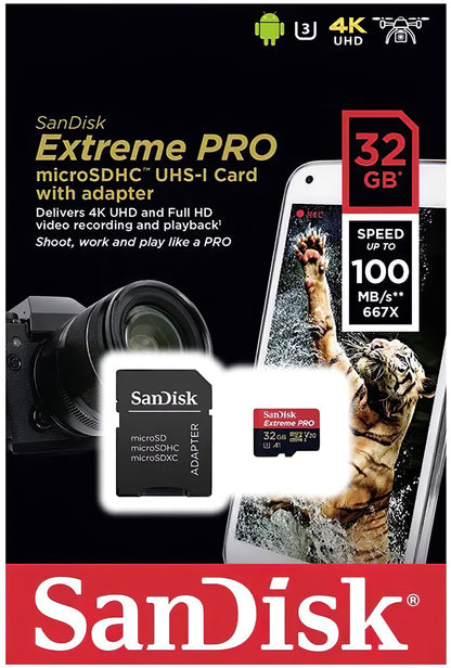 Hukommelseskort microSDHC SanDisk Extreme Pro, 32Gb, Klasse 10 / UHS-1 U3, Med Adapter SDSQXCG-032G-GN6MA