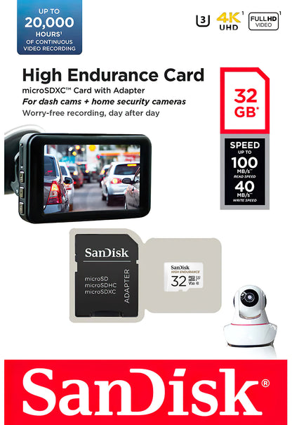 SanDisk High Endurance microSDHC hukommelseskort, 32Gb, Klasse 10 / UHS-1 U3, med adapter SDSQQNR-032G-GN6IA