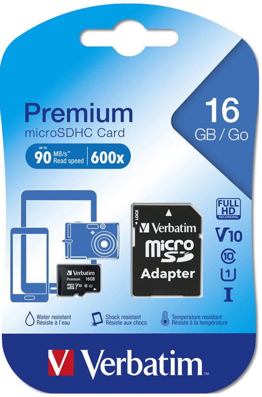 Verbatim microSDHC hukommelseskort, 16Gb, Klasse 10 / UHS-1 U1, med adapter 44082