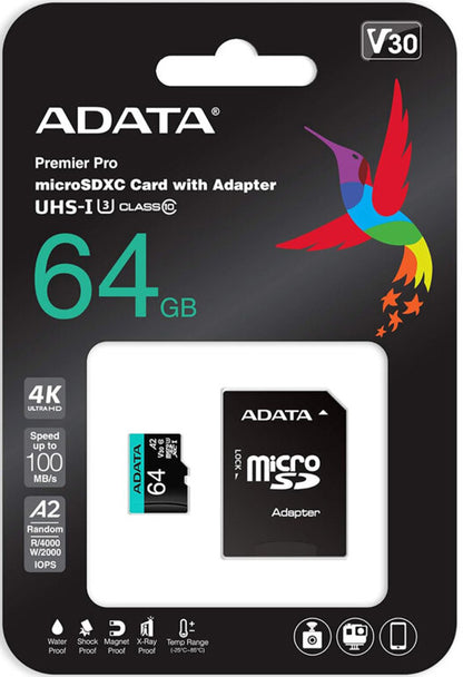 Adata Premier Pro microSDXC hukommelseskort, 64GB, Klasse 10 / UHS-1 U3, med adapter AUSDX64GUI3V30SA2-RA1