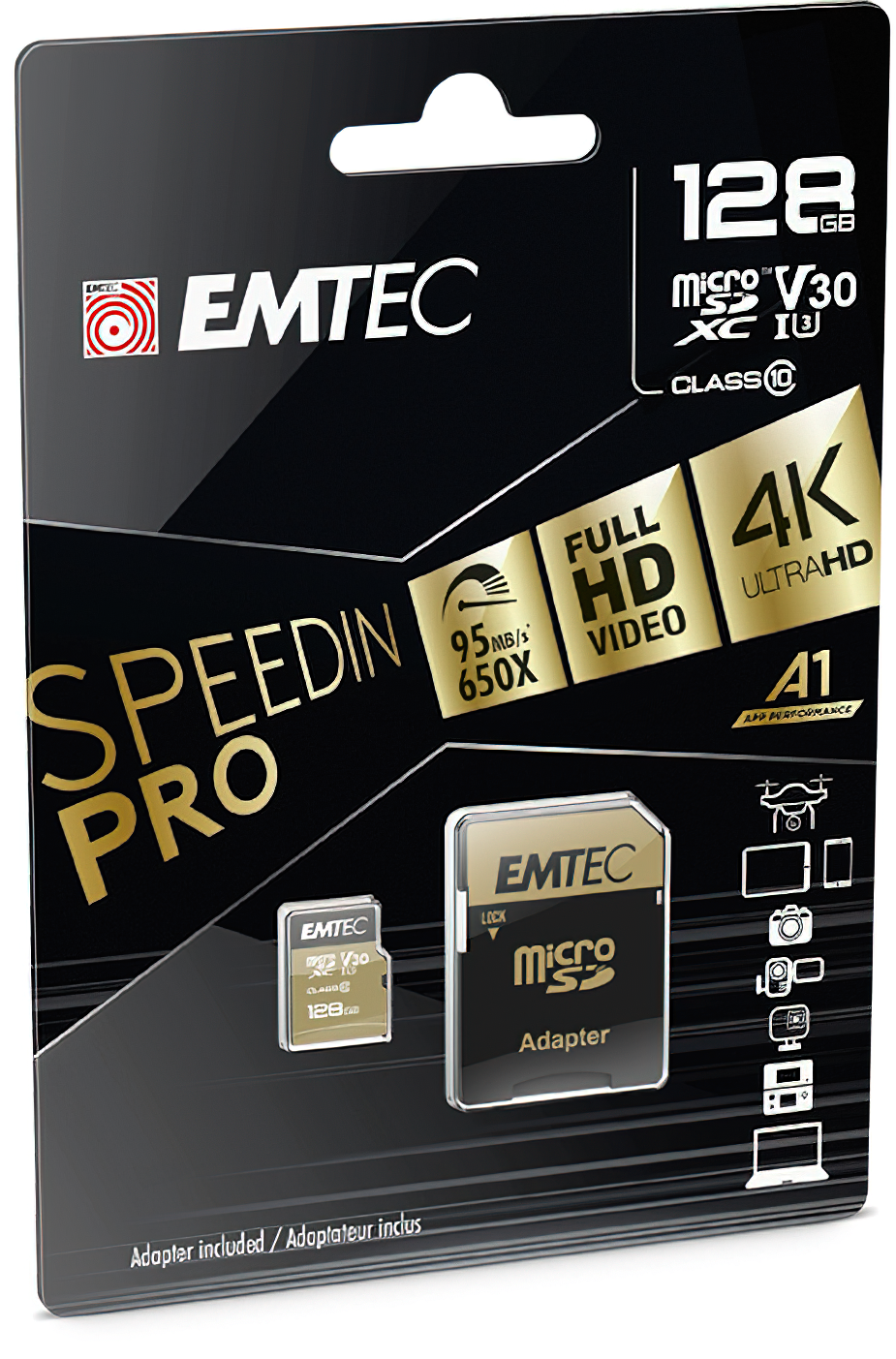microSDXC Emtec Speedin Pro Android A1 hukommelseskort, 128Gb, Klasse 10 / UHS-1 U3, med adapter ECMSDM128GXE