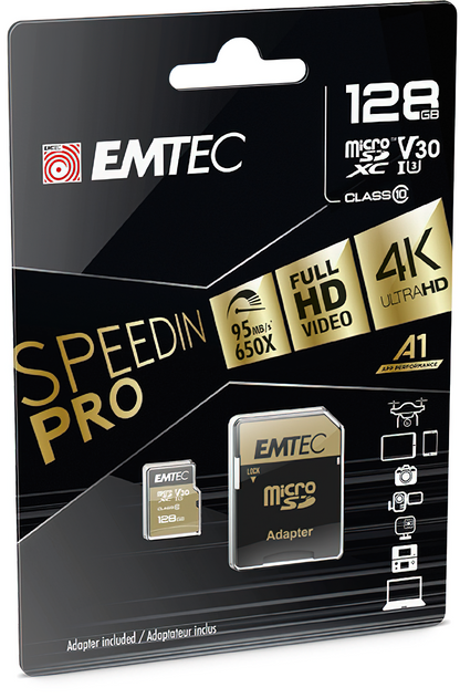 microSDXC Emtec Speedin Pro Android A1 hukommelseskort, 128Gb, Klasse 10 / UHS-1 U3, med adapter ECMSDM128GXE