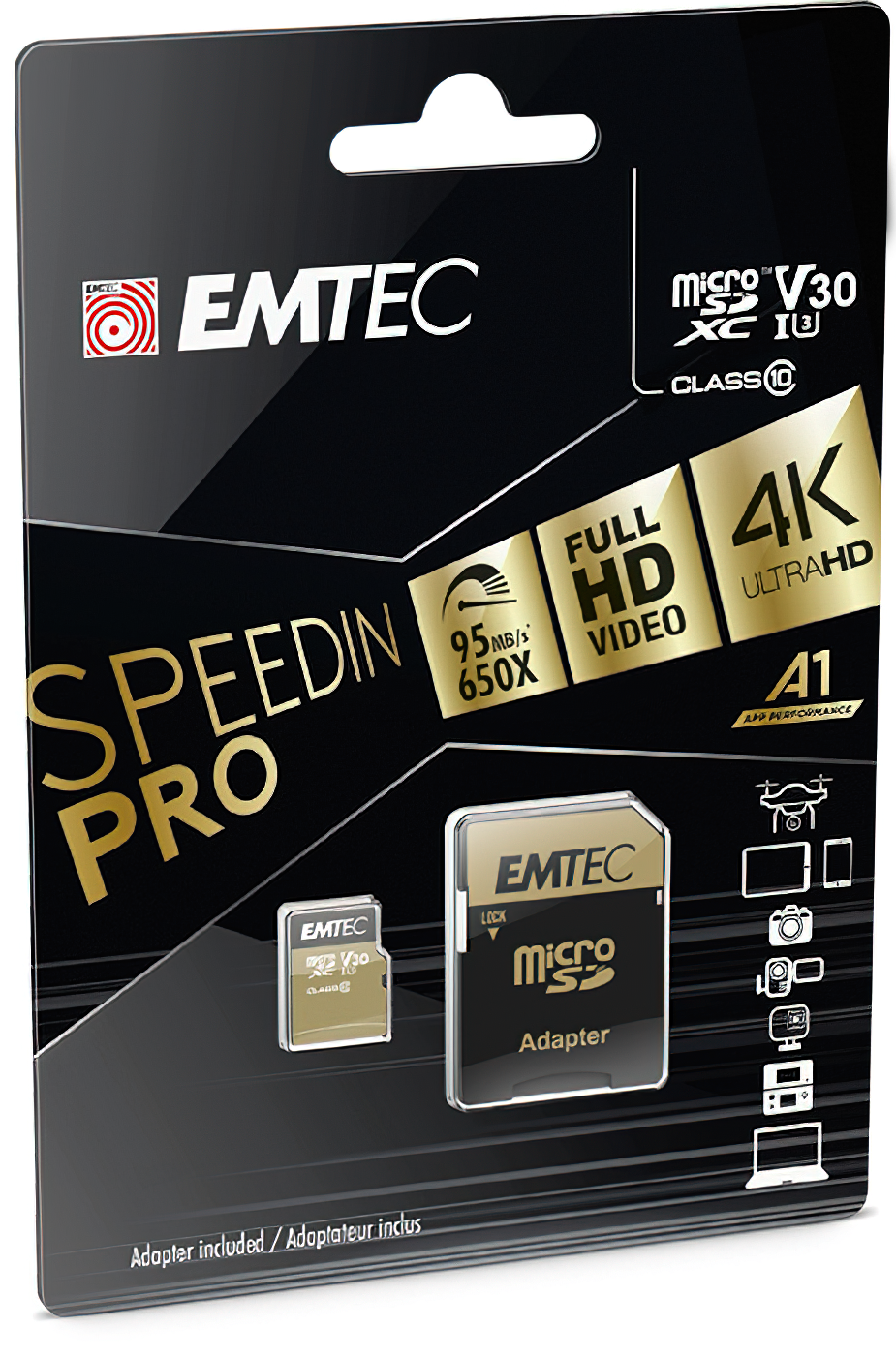 Emtec Speedin Pro Android A1 microSDXC hukommelseskort, 64Gb, Klasse 10 / UHS-1 U3, med adapter ECMSDM64GXC
