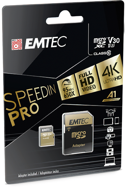 Emtec Speedin Pro Android A1 microSDXC hukommelseskort, 64Gb, Klasse 10 / UHS-1 U3, med adapter ECMSDM64GXC