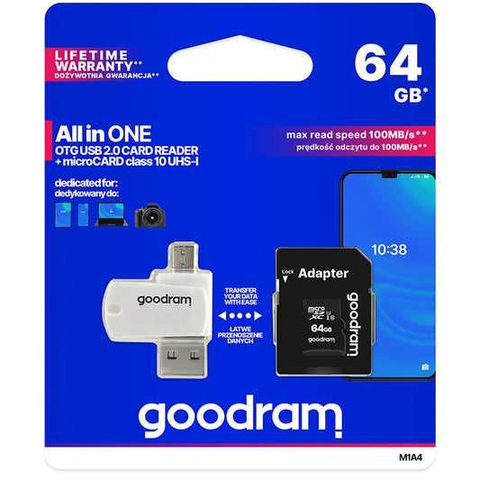 GoodRam microSDXC hukommelseskort, 64Gb, Klasse 10 / UHS-1 U1, med kortlæser og adapter M1A4-0640R12