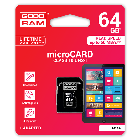 GoodRam microSDXC hukommelseskort, 64Gb, Klasse 10 / UHS-1 U1, med adapter M1AA-0640R12