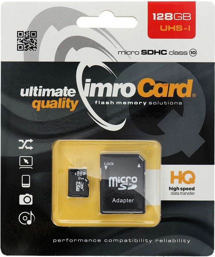 MicroSDXC-hukommelseskort Imro, 128GB, Klasse 10 / UHS-1 U1, med adapter