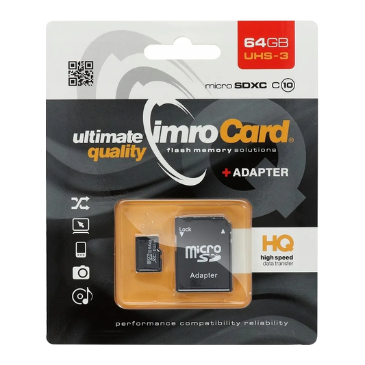 Imro microSDXC hukommelseskort, 64Gb, Klasse 10 / UHS-1 U3, med adapter