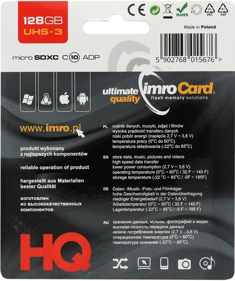 Imro microSDXC hukommelseskort, 128Gb, Klasse 10 / UHS-1 U3, med adapter