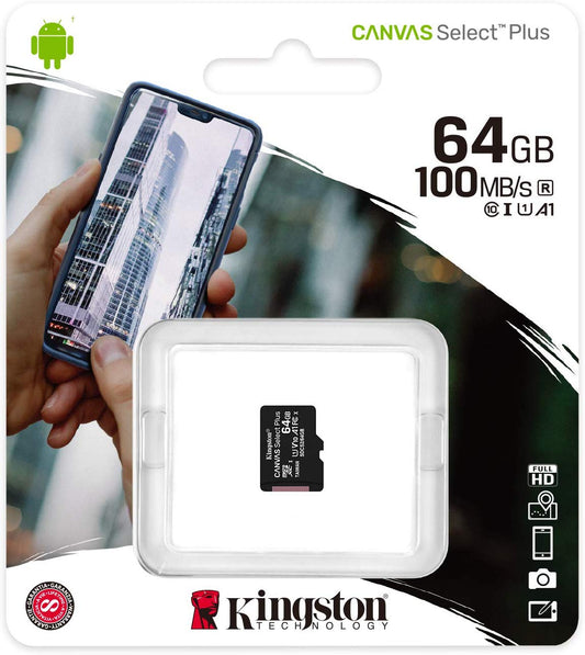 Kingston Canvas Select Plus, 64Gb, Klasse 10 / UHS-1 U1 SDCS2/64GBSP microSDXC-hukommelseskort