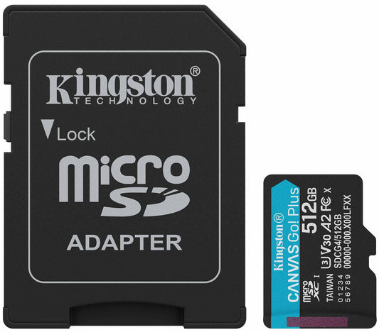 Kingston Canvas Go Plus microSDXC hukommelseskort Android A2, 512Gb, Klasse 10 / UHS-1 U3, med adapter SDCG4/512GB