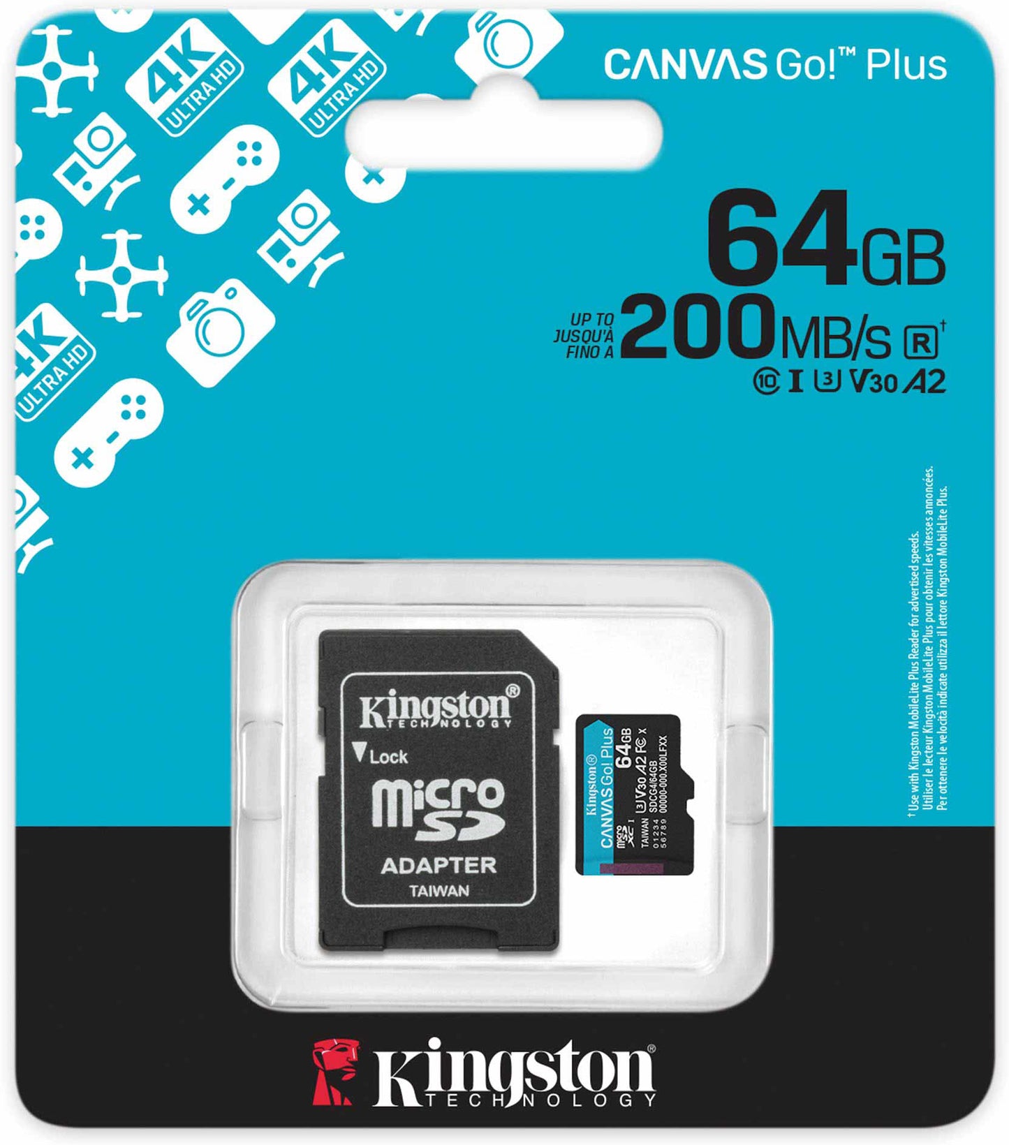 Kingston Canvas Go Plus Android A2 microSDXC hukommelseskort, 64GB, Klasse 10 / UHS-1 U3, med adapter SDCG4/64GB