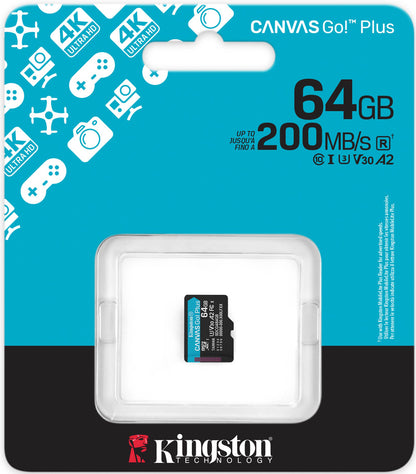 Kingston Canvas Go Plus Android A2 microSDXC hukommelseskort, 64Gb, Klasse 10 / UHS-1 U3 SDCG4/64GBSP