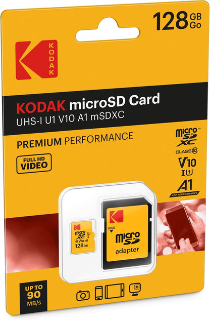 Hukommelseskort microSDXC Kodak Premium Performance, 128Gb, Klasse 10 / UHS-1 U1, Med Adapter EKMSDM128GXC10K