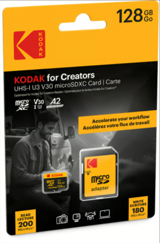 microSDXC hukommelseskort Kodak for Creators, 128Gb, Klasse 10 / UHS-1 U3, med adapter EKMSDM128GXCU3CR