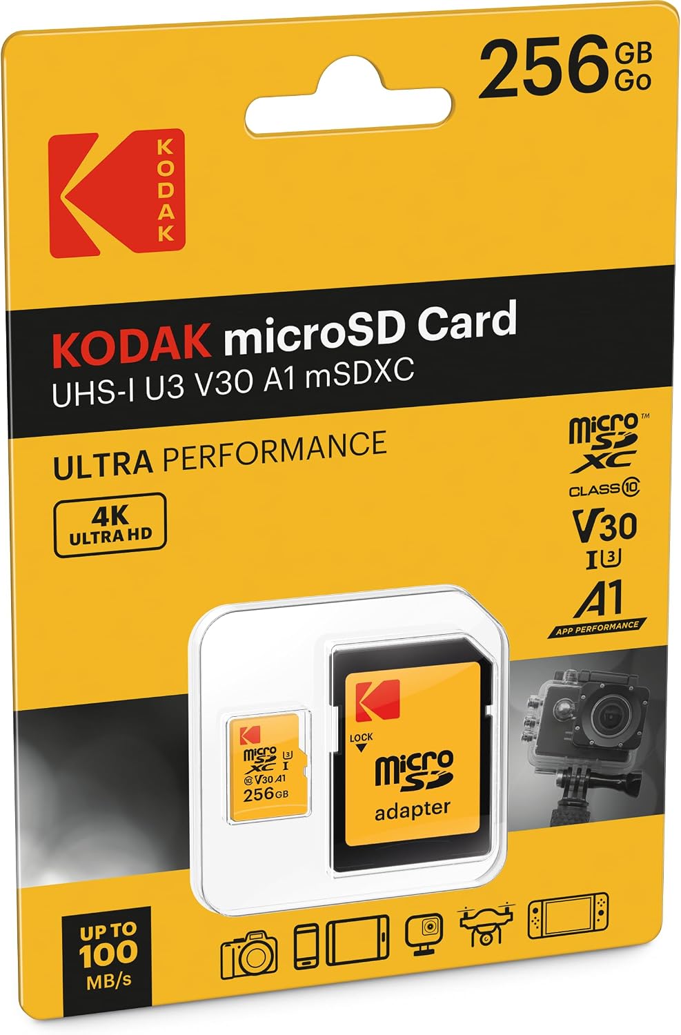 Kodak microSDXC hukommelseskort, 256Gb, Klasse 10 / UHS-1 U3, med adapter EKMSDM256GXC10HPRK