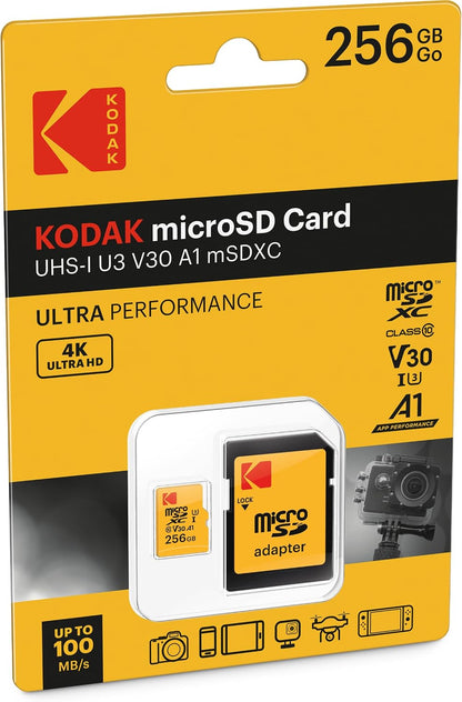 Kodak microSDXC hukommelseskort, 256Gb, Klasse 10 / UHS-1 U3, med adapter EKMSDM256GXC10HPRK