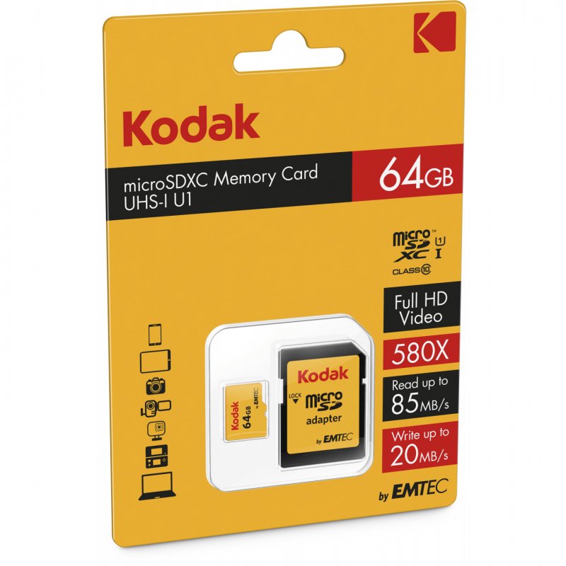 Kodak microSDXC hukommelseskort, 64Gb, Klasse 10 / UHS-1 U1, med adapter EKMSDM64GXC10K