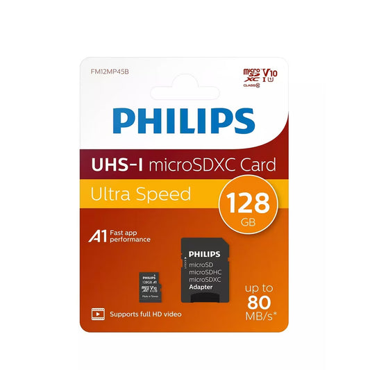 Philips microSDXC hukommelseskort, 128Gb, Klasse 10 / UHS-1 U1, Med Adapter FM12MP45B/10