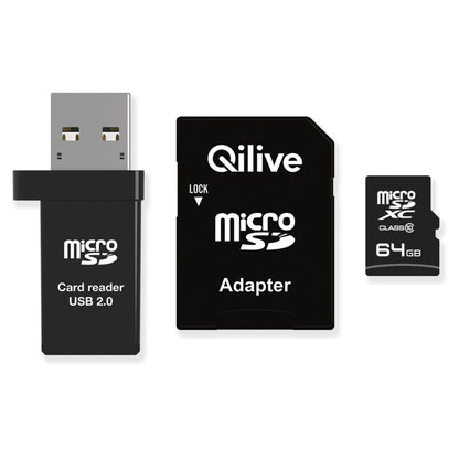 Qilive microSDXC Memory Card, 64Gb, Class 10, With Card Reader and Adapter EKMSDM64GXC10QL