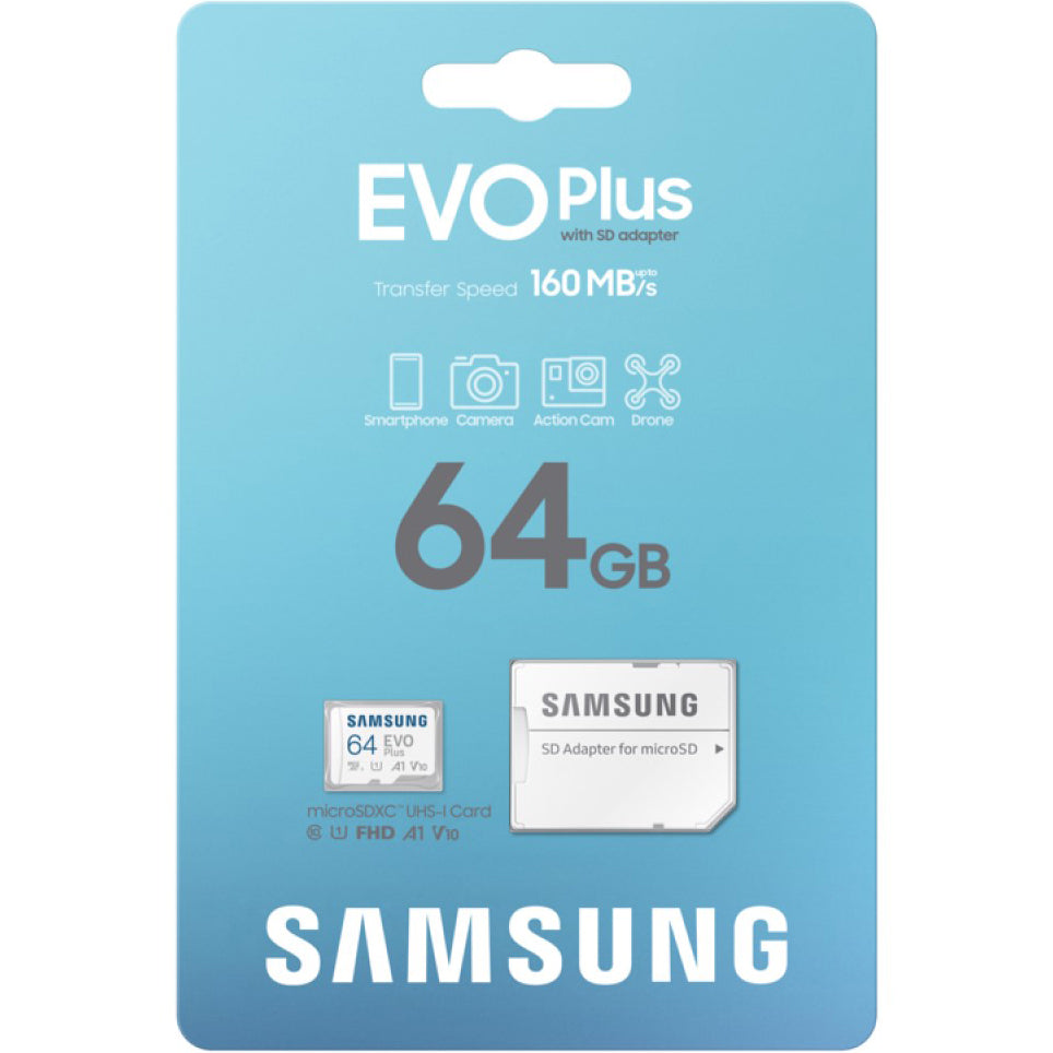 Samsung Evo Plus microSDXC hukommelseskort, 64Gb, Klasse 10 / UHS-1 U1, med adapter MB-MC64SA/EU