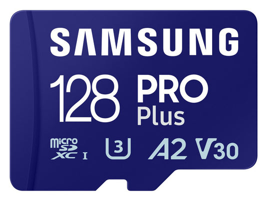 Samsung PRO Plus microSDXC hukommelseskort, 128GB, Klasse 10 / UHS-1 U3, med kortlæser MB-MD128SB/WW