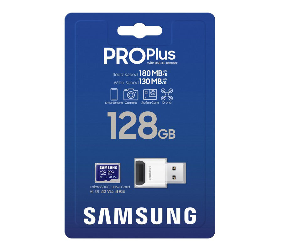 Samsung PRO Plus microSDXC hukommelseskort, 128GB, Klasse 10 / UHS-1 U3, med kortlæser MB-MD128SB/WW