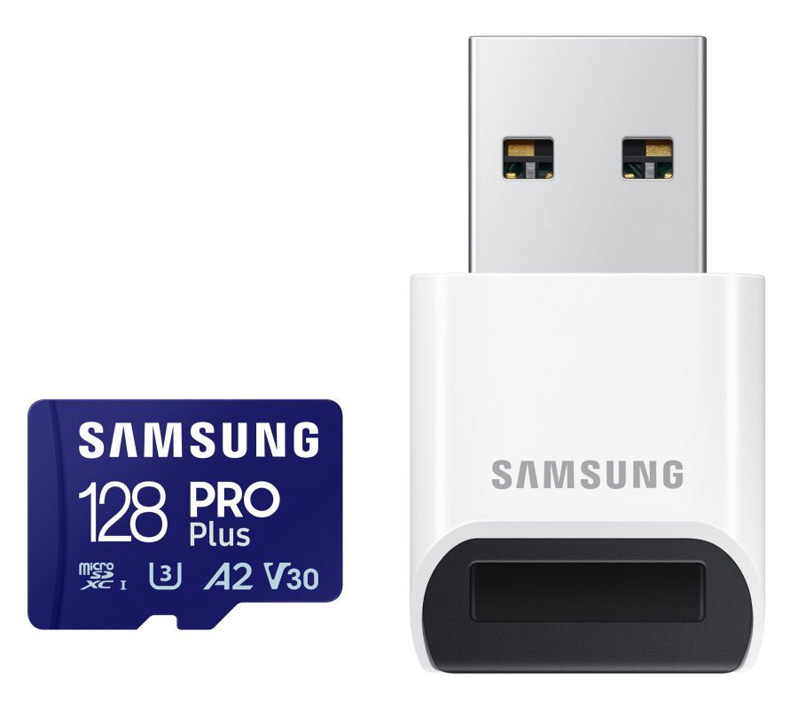 Samsung PRO Plus microSDXC hukommelseskort, 128GB, Klasse 10 / UHS-1 U3, med kortlæser MB-MD128SB/WW