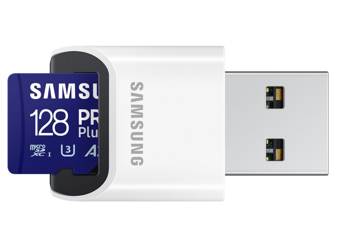 Samsung PRO Plus microSDXC hukommelseskort, 128GB, Klasse 10 / UHS-1 U3, med kortlæser MB-MD128SB/WW