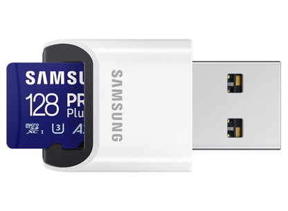 Samsung PRO Plus microSDXC hukommelseskort, 128GB, Klasse 10 / UHS-1 U3, med kortlæser MB-MD128SB/WW