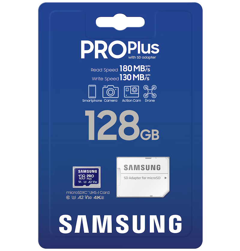 Samsung PRO Plus microSDXC hukommelseskort, 128Gb, Klasse 10 / UHS-1 U3, med adapter MB-MD128SA/EU